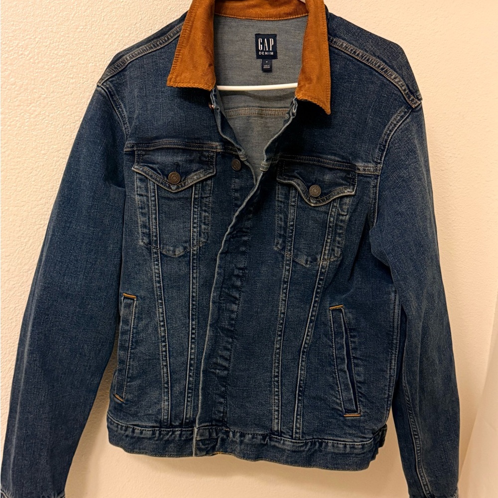 GAP Men's Dark Blue Jacket with Tan Collar